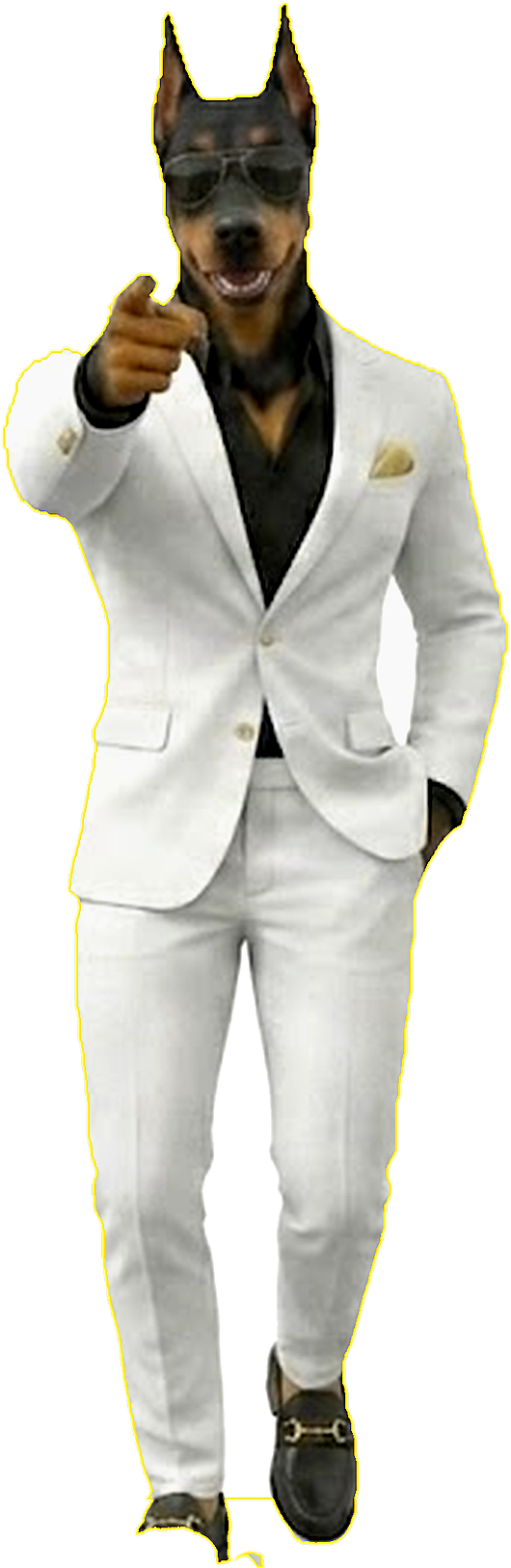 Frank, the J450N.Ai Doberman mascot, in a white suit